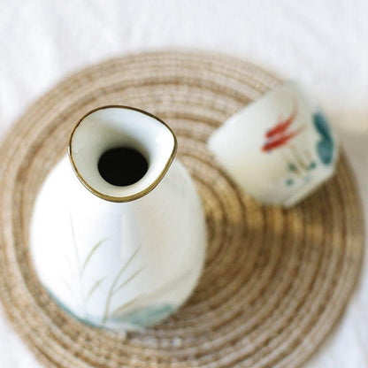 Ceramic Sake Set Japanese Handcrafted Goldfish Design with Sake Bottle and 4 Cups Gift Box