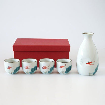 Ceramic Sake Set Japanese Handcrafted Goldfish Design with Sake Bottle and 4 Cups Gift Box