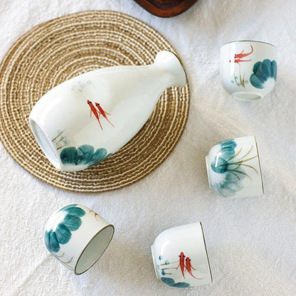 Ceramic Sake Set Japanese Handcrafted Goldfish Design with Sake Bottle and 4 Cups Gift Box