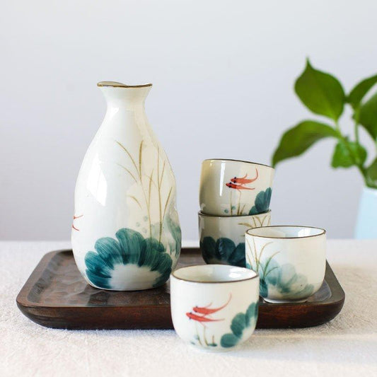 Ceramic Sake Set Japanese Handcrafted Goldfish Design with Sake Bottle and 4 Cups Gift Box