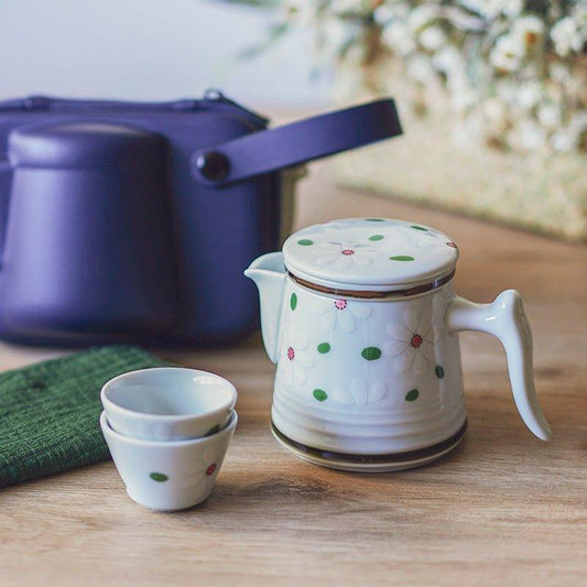 Ceramic Tea Set Japanese Floral Teapot 2 Cups with Carrying Case