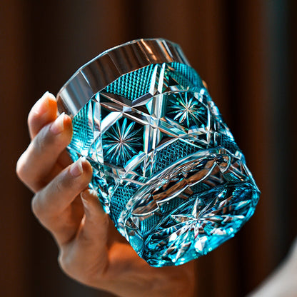 Cut Crystal Whiskey Glass Edo Kiriko Kiku Suji Chrysanthemum | Japanese Artisan Turquoise Glassware