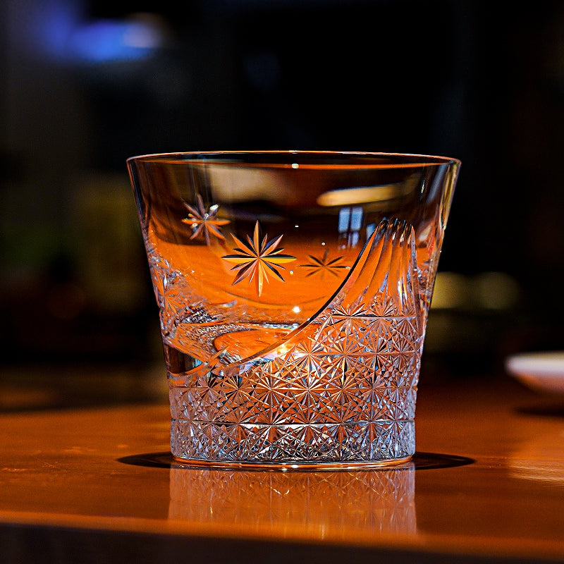 Whiskey Glass Edo Kiriko Handcrafted Fuji no Mine with Wooden Gift Box