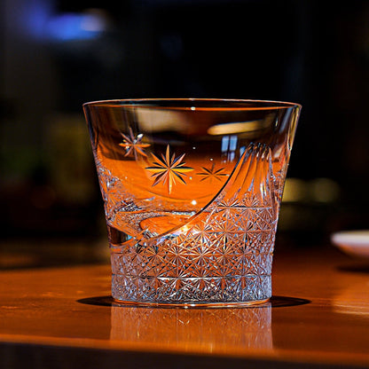 Whiskey Glass Edo Kiriko Handcrafted Fuji no Mine with Wooden Gift Box