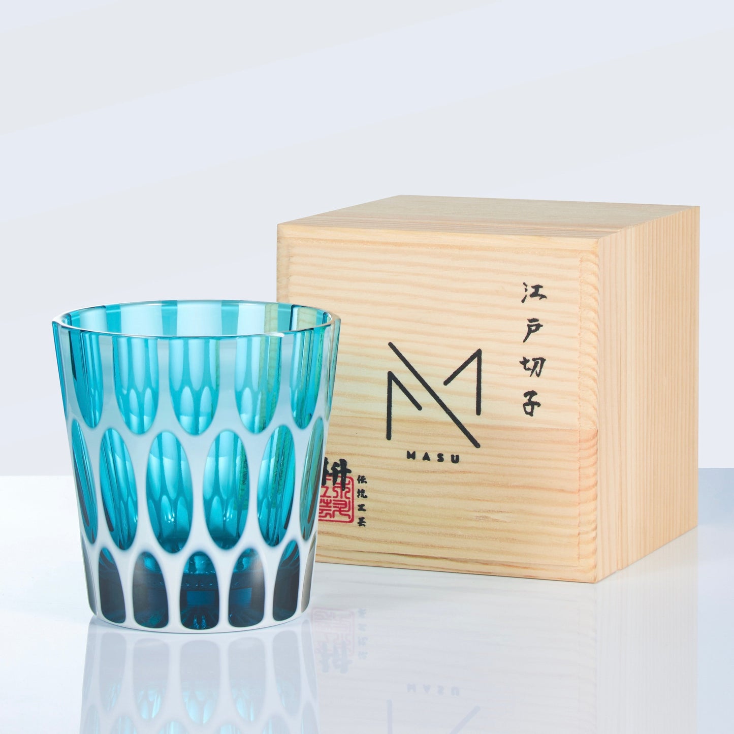 Whiskey Glass Edo Kiriko Aomidori Wave – Hand-Cut Blue-Green Japanese Tumbler with Wooden Box