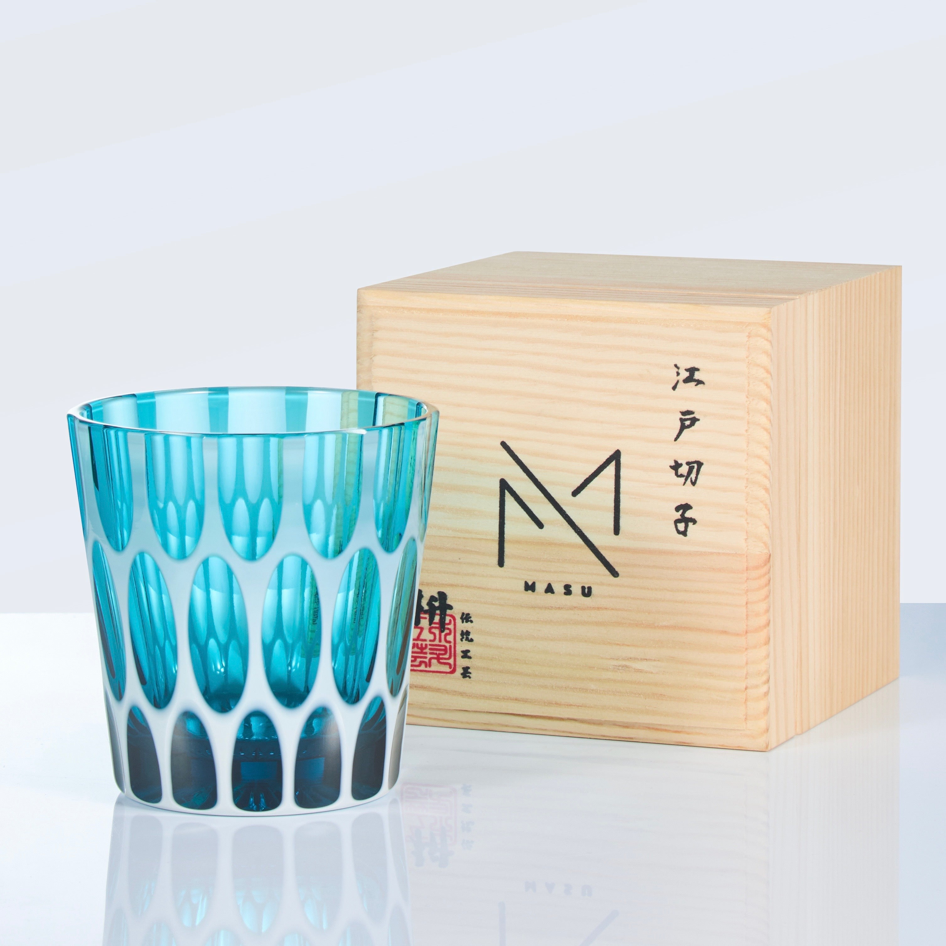 Whiskey Glass Edo Kiriko Aomidori Wave – Hand-Cut Blue-Green Japanese Tumbler with Wooden Box