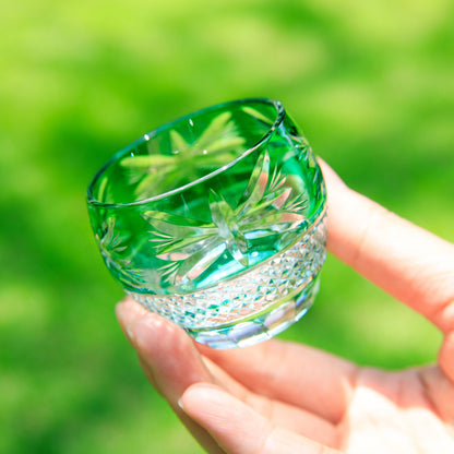 Sake Cup Guinomi Midoriha Collection | Edo Kiriko Hand-Cut Crystal Green & Red Japanese Glass