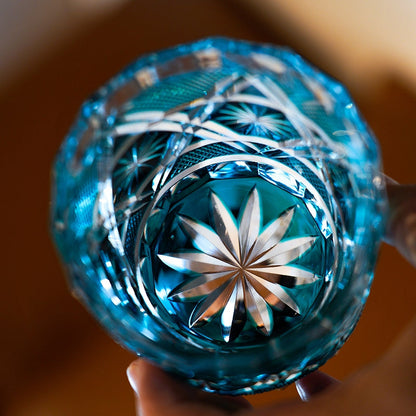 Cut Crystal Whiskey Glass Edo Kiriko Kiku Suji Chrysanthemum | Japanese Artisan Turquoise Glassware