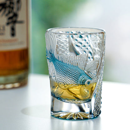 Whiskey Glass Edo Kiriko Azure Koi – Hand-Cut Koi Fish Japanese Tumbler with Wooden Box
