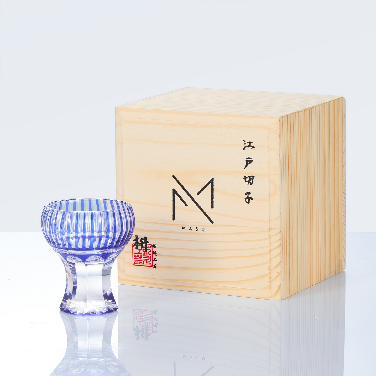 Sake Cup Edo Kiriko Kinpu Hand-Cut Crystal | Tama Tate-Suji Ruri Blue Olive Green Japanese Glassware