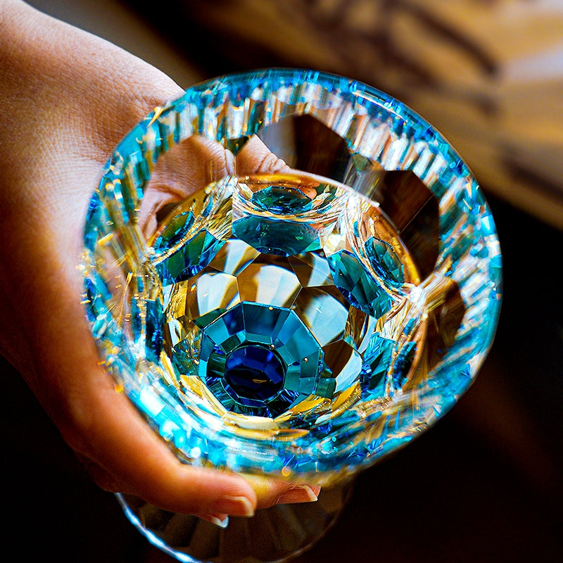 Wine Glass Edo Kiriko Handcrafted Crystal Prism Jewel Stem with Wooden Gift Box