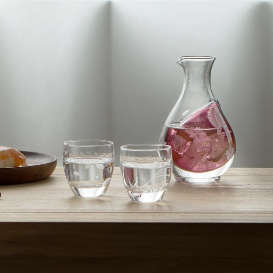 Cold Sake Set Japanese Glass Flagon & Cups – Sakura Blossom Engraved