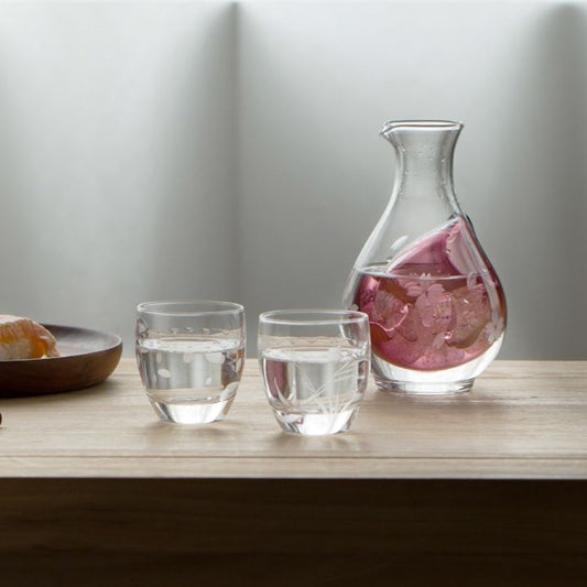 Cold Sake Set Japanese Glass Flagon & Cups – Sakura Blossom Engraved