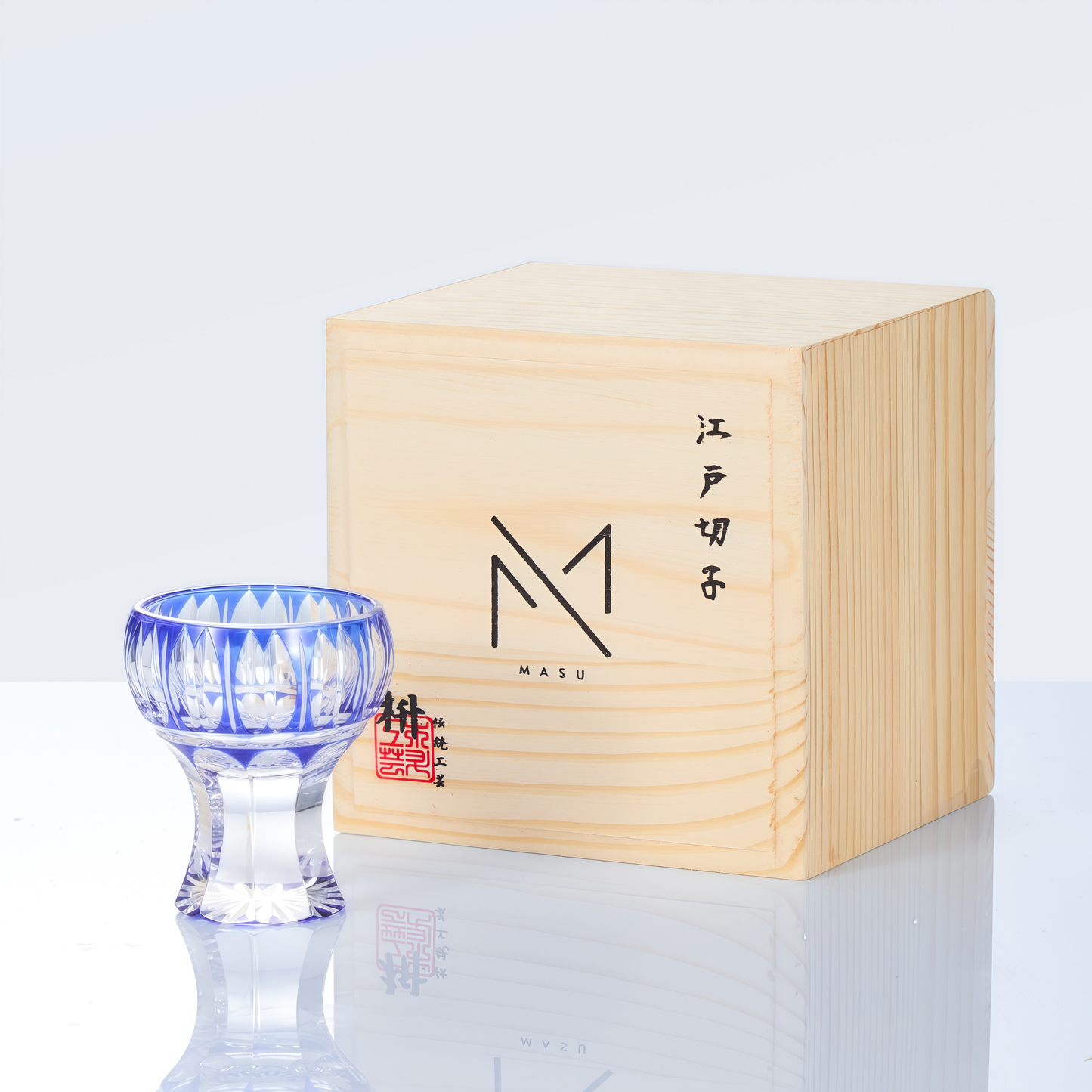 Sake Cup Edo Kiriko Kinpu Hand-Cut Crystal | Tama Tate-Suji Ruri Blue Olive Green Japanese Glassware