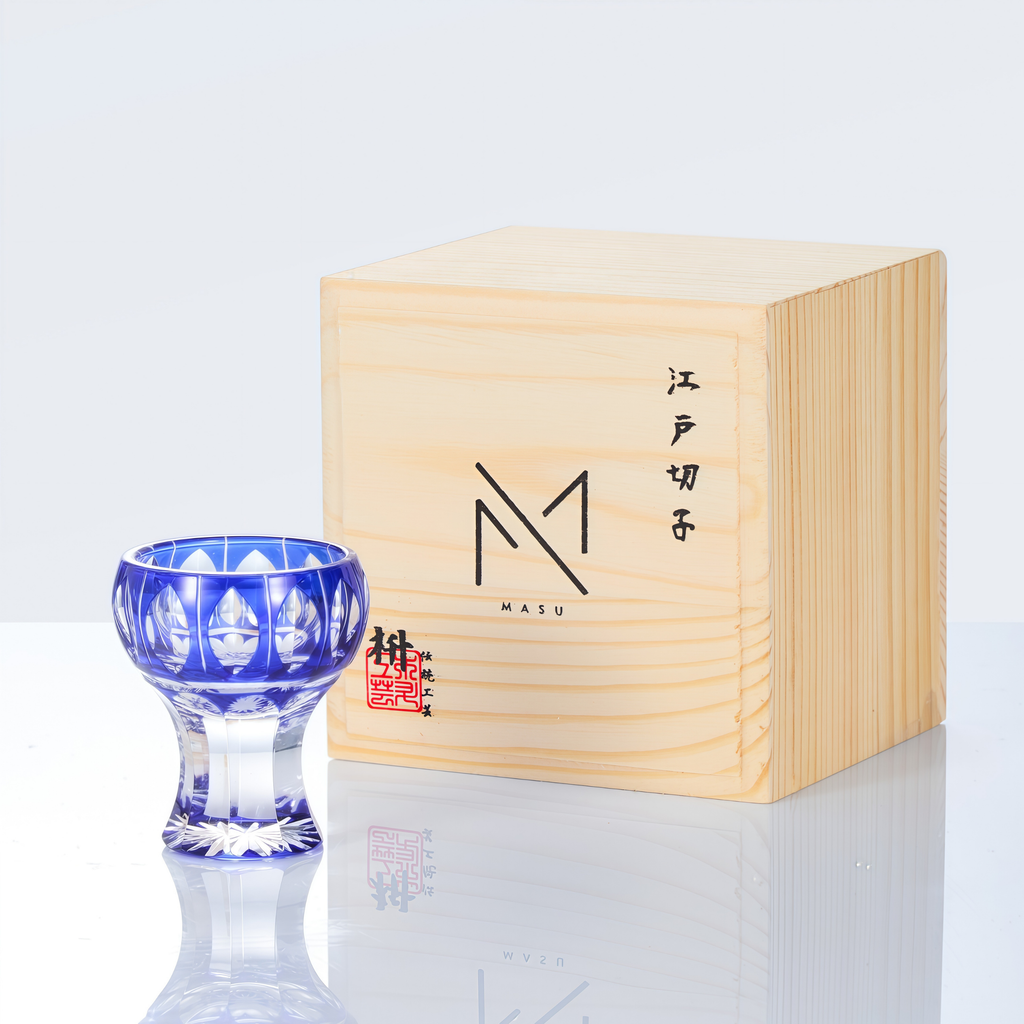 Sake Cup Edo Kiriko Kinpu Hand-Cut Crystal | Tama Tate-Suji Ruri Blue Olive Green Japanese Glassware