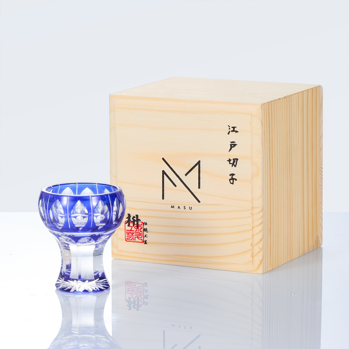 Sake Cup Edo Kiriko Kinpu Hand-Cut Crystal | Tama Tate-Suji Ruri Blue Olive Green Japanese Glassware