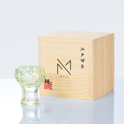 Sake Cup Edo Kiriko Kinpu Hand-Cut Crystal | Tama Tate-Suji Ruri Blue Olive Green Japanese Glassware