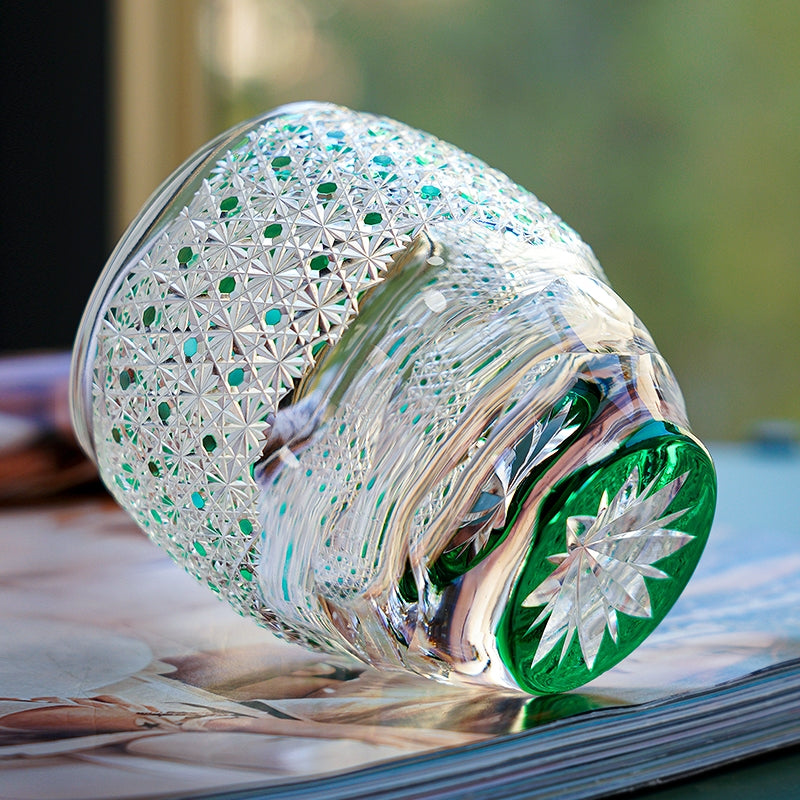 Whiskey Glass Edo Kiriko Celestial Green Starburst – Hand-Cut Chrysanthemum Japanese Tumbler with Wooden Box