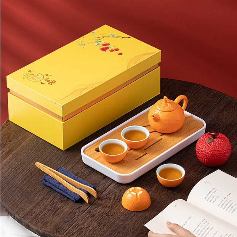 Fruit Tea Set with Tray | Realistic Porcelain Kaolin 4 Cups