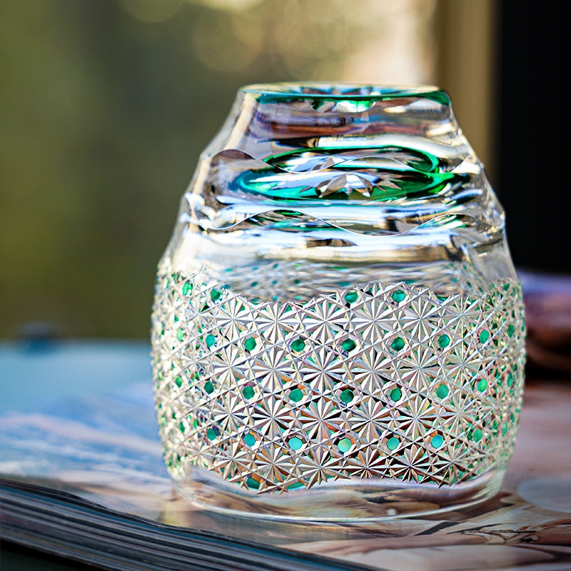 Whiskey Glass Edo Kiriko Celestial Green Starburst – Hand-Cut Chrysanthemum Japanese Tumbler with Wooden Box