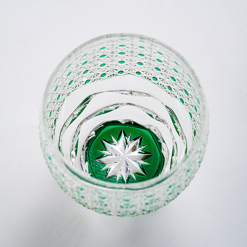 Whiskey Glass Edo Kiriko Celestial Green Starburst – Hand-Cut Chrysanthemum Japanese Tumbler with Wooden Box