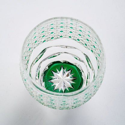 Whiskey Glass Edo Kiriko Celestial Green Starburst – Hand-Cut Chrysanthemum Japanese Tumbler with Wooden Box