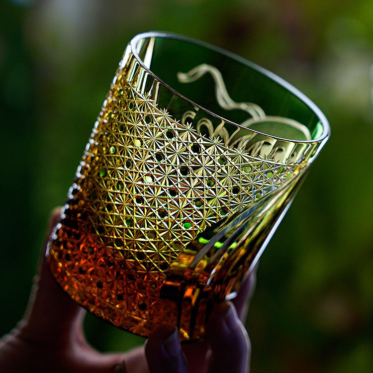 Japanese Whiskey Glass Fujin Wind God – Edo Kiriko Handcrafted Crystal