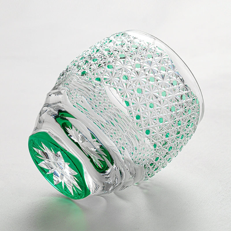 Whiskey Glass Edo Kiriko Celestial Green Starburst – Hand-Cut Chrysanthemum Japanese Tumbler with Wooden Box