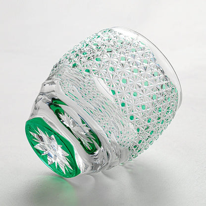 Whiskey Glass Edo Kiriko Celestial Green Starburst – Hand-Cut Chrysanthemum Japanese Tumbler with Wooden Box