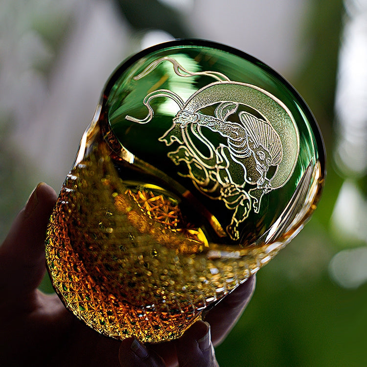 Japanese Whiskey Glass Fujin Wind God – Edo Kiriko Handcrafted Crystal