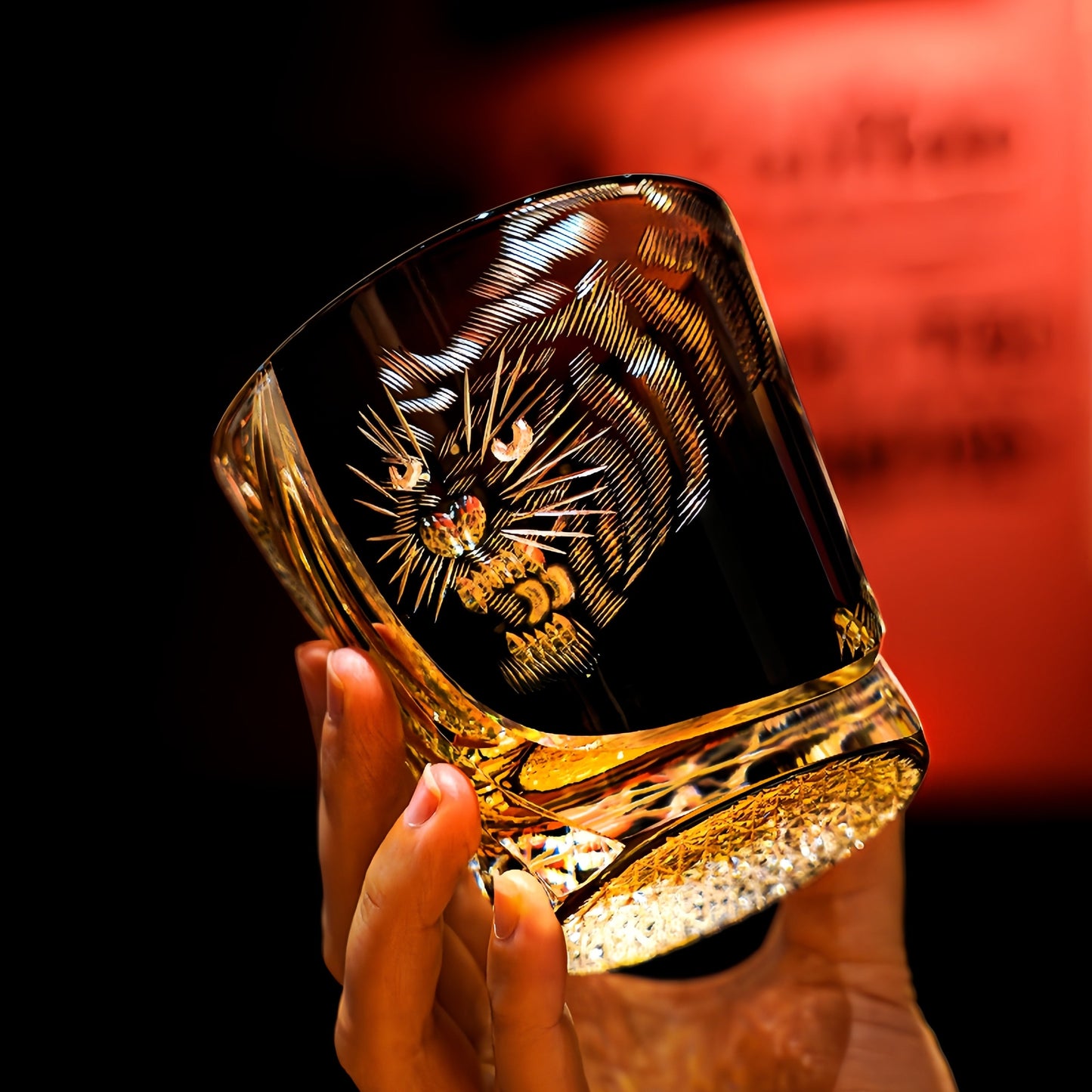 Whisky Drinking Glass Edo Kiriko Kuro Tora Tiger Hand-Carved Black Crystal | Japanese Artisan Glassware
