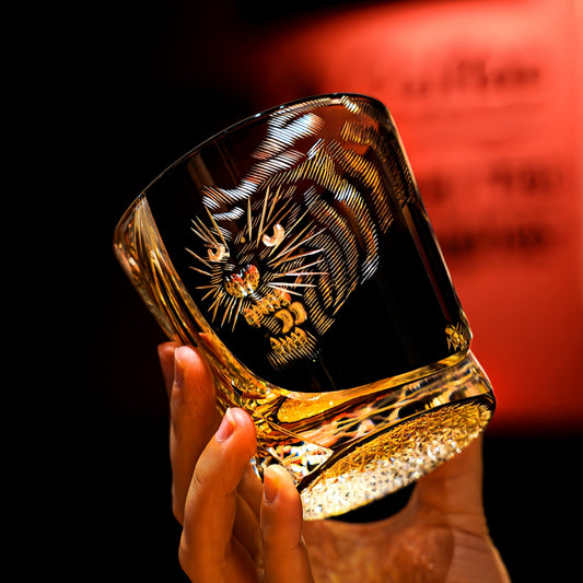 Whisky Drinking Glass Edo Kiriko Kuro Tora Tiger Hand-Carved Black Crystal | Japanese Artisan Glassware
