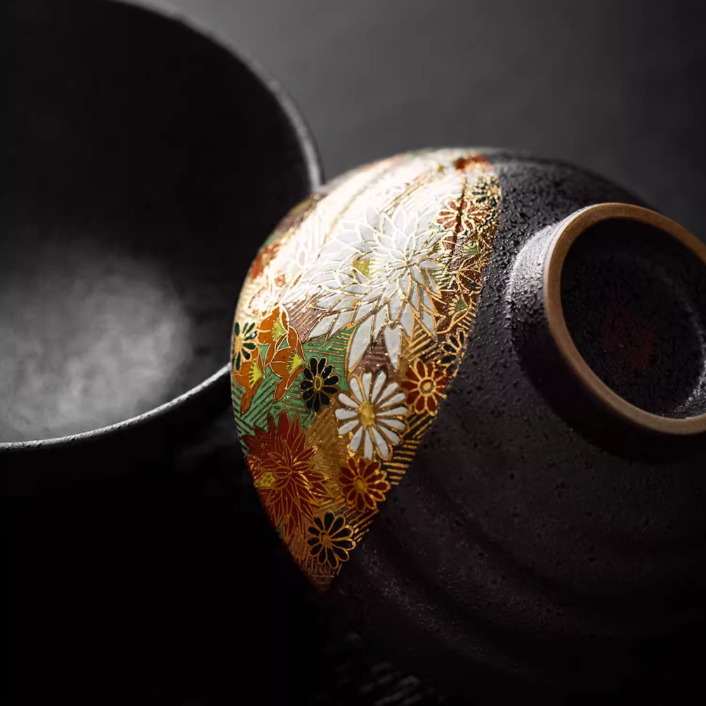 Japanese Couple Rice Bowl Set – Kutaniyaki Gold Floral Meoto