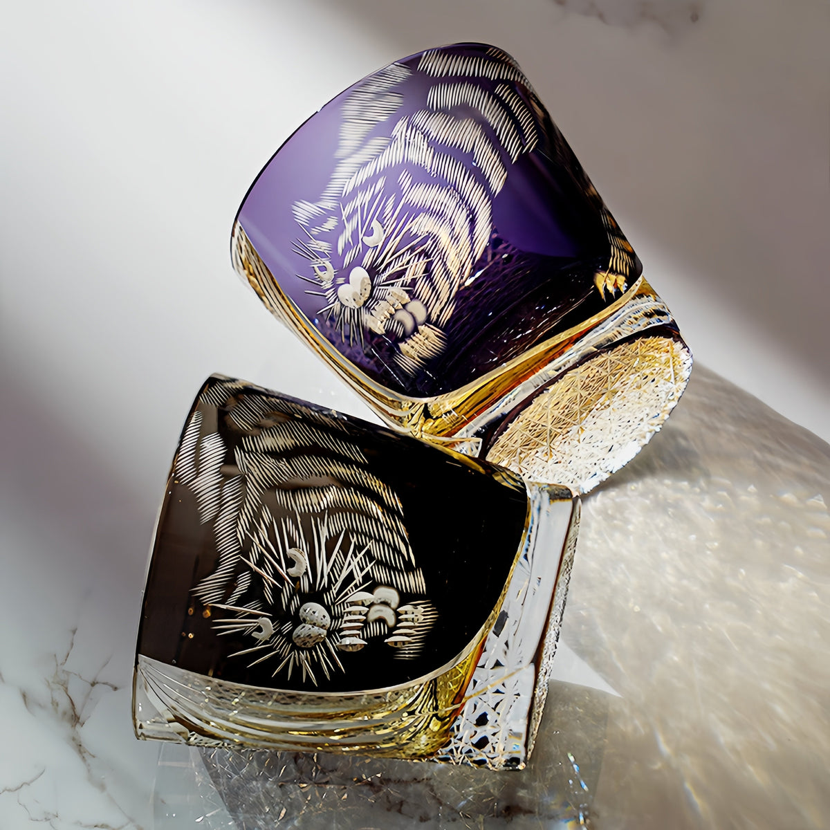 Whisky Drinking Glass Edo Kiriko Kuro Tora Tiger Hand-Carved Black Crystal | Japanese Artisan Glassware