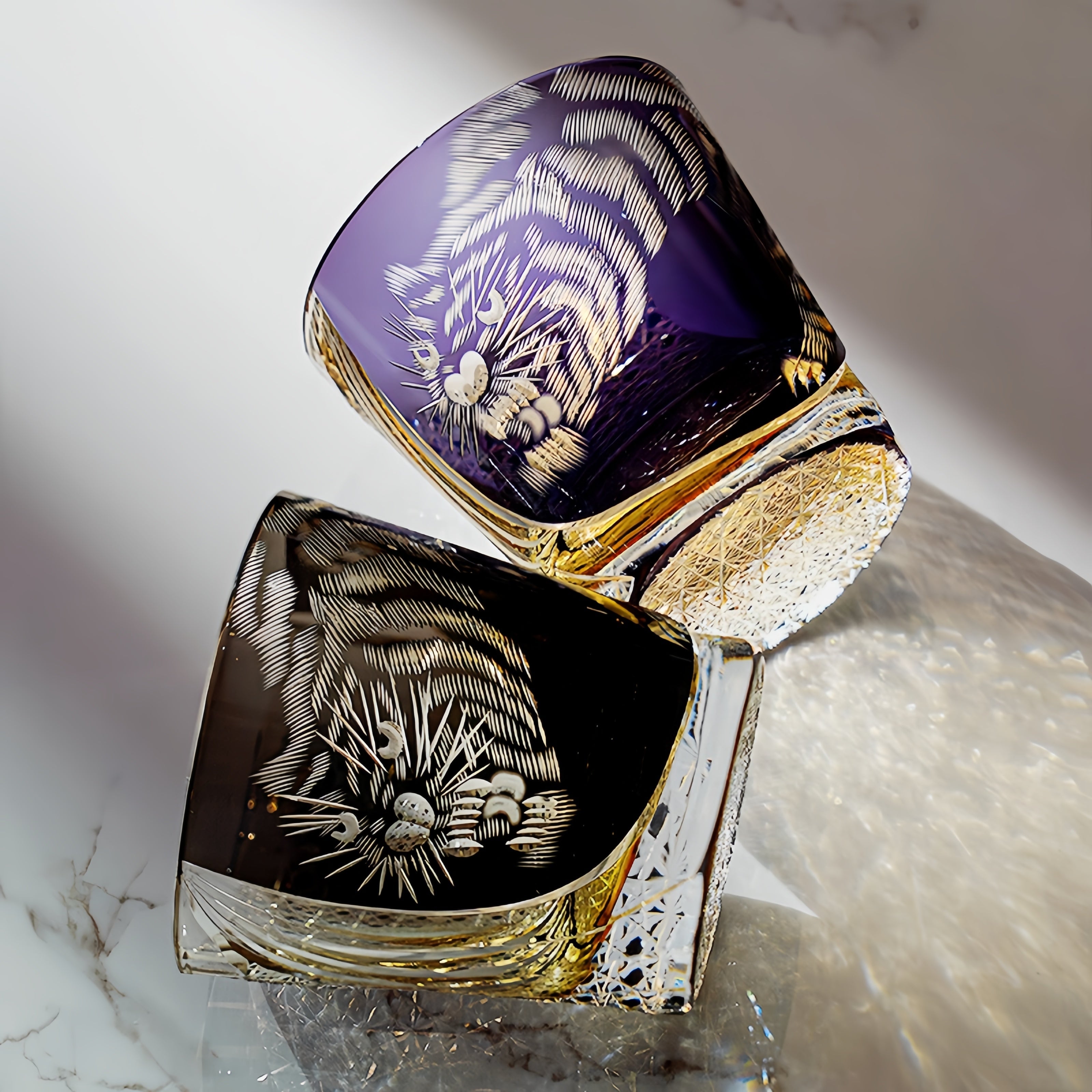 Whisky Drinking Glass Edo Kiriko Kuro Tora Tiger Hand-Carved Black Crystal | Japanese Artisan Glassware