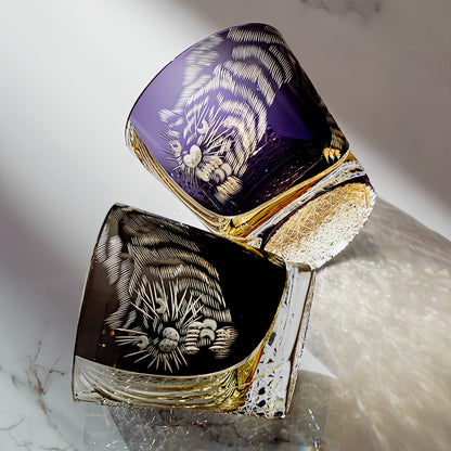 Whisky Drinking Glass Edo Kiriko Kuro Tora Tiger Hand-Carved Black Crystal | Japanese Artisan Glassware