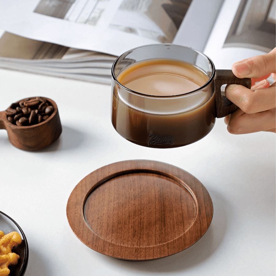 Glass Coffee Mug | Wood Handle Clear Glass Cup & Walnut Tray Set