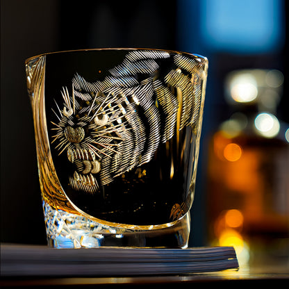 Whisky Drinking Glass Edo Kiriko Kuro Tora Tiger Hand-Carved Black Crystal | Japanese Artisan Glassware