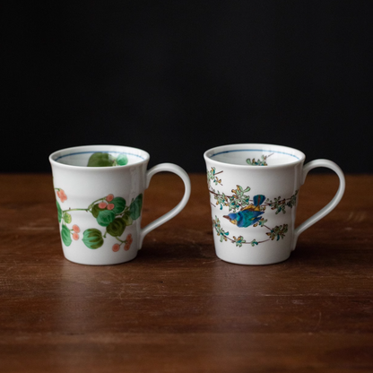 Japanese Ceramic Mug – Kutaniyaki Floral Bird Swallow Forest