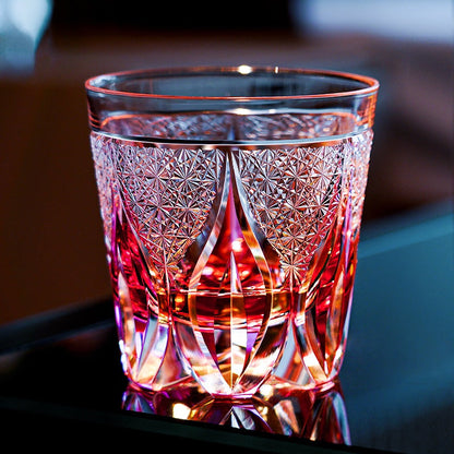 Whiskey Glass Edo Kiriko Handcrafted Crimson Flame Gold-Infused with Wooden Gift Box