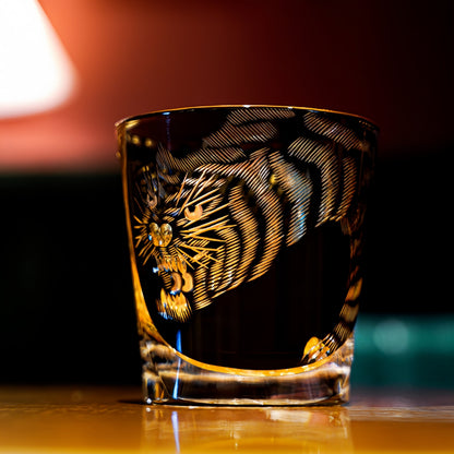 Whisky Drinking Glass Edo Kiriko Kuro Tora Tiger Hand-Carved Black Crystal | Japanese Artisan Glassware