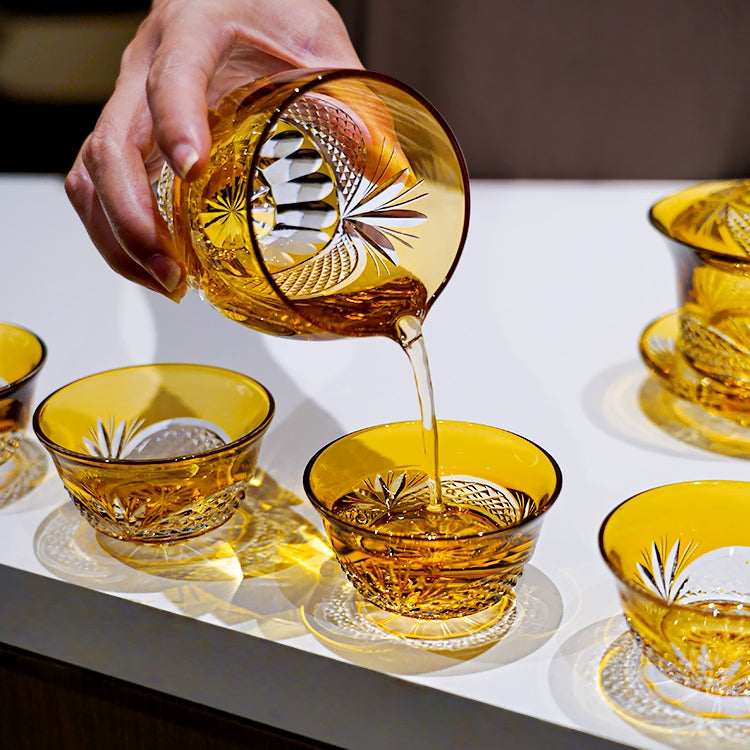 Tea Set Handcrafted Amber Glass Chrysanthemum Engraved Japanese Tea Ceremony Set Artisan Teacup Gift