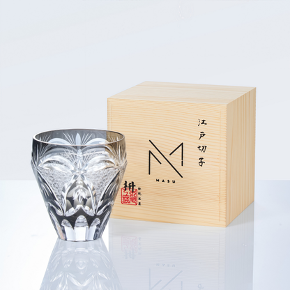 Kiriko Whiskey Glass Edo Kohaku Sakura Chrysanthemum Hand-Cut Crystal | Red Grey Japanese Glassware
