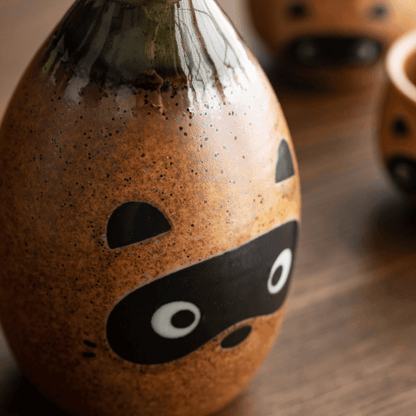 Ceramic Sake Set Tanuki Japanese Handcrafted Raccoon Folk Art Lucky