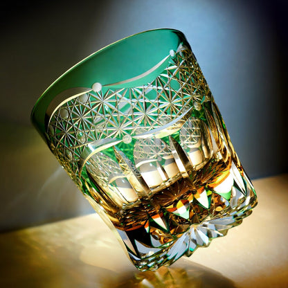 Whiskey Glass Edo Kiriko Handcrafted Emerald Prism with Wooden Gift Box
