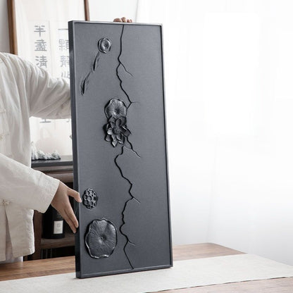 Stone Tea Tray Black Natural Lotus Carved – Gongfu 2 Sizes