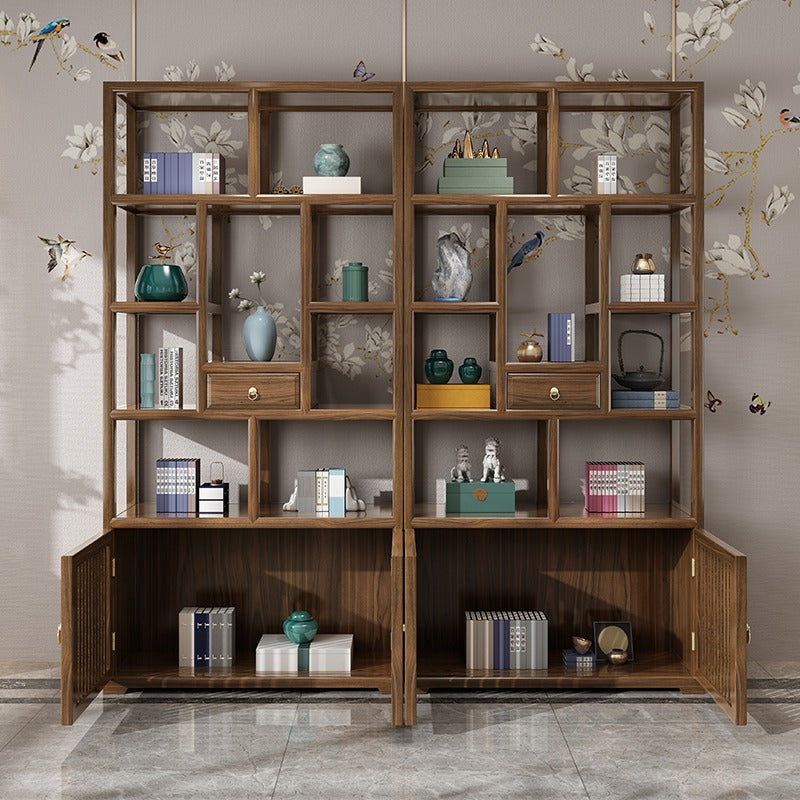 Solid Elm Wood Display Cabinet — Tenon-Mortise Curio Shelf
