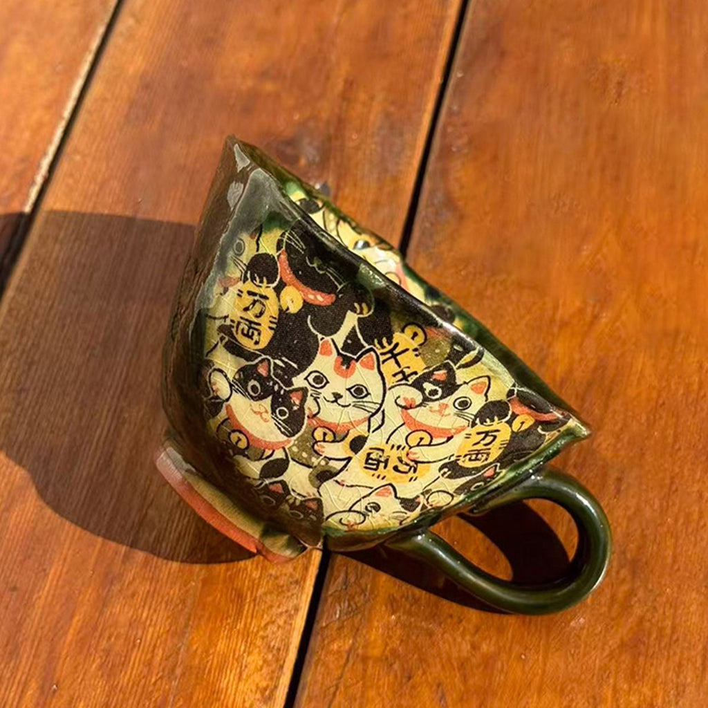 Coffee Cup & Saucer Set – Mino Ware Lucky Cat Oribe Green
