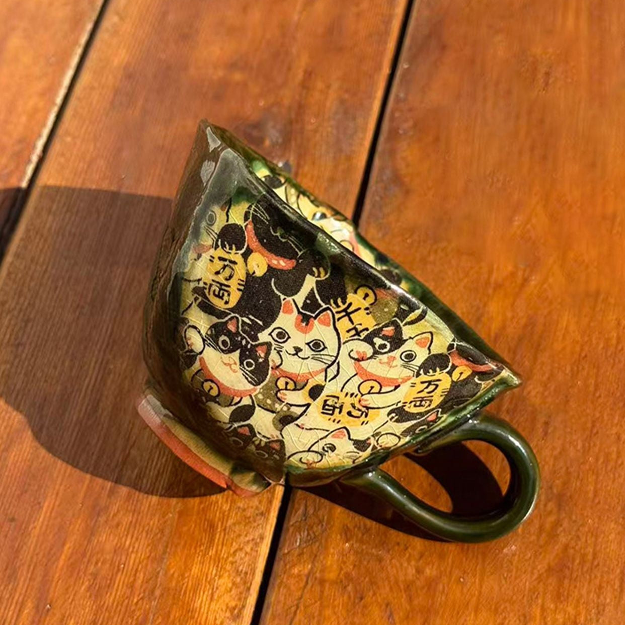 Coffee Cup & Saucer Set – Mino Ware Lucky Cat Oribe Green