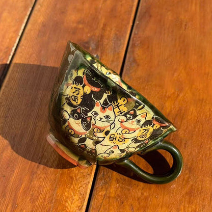 Coffee Cup & Saucer Set – Mino Ware Lucky Cat Oribe Green